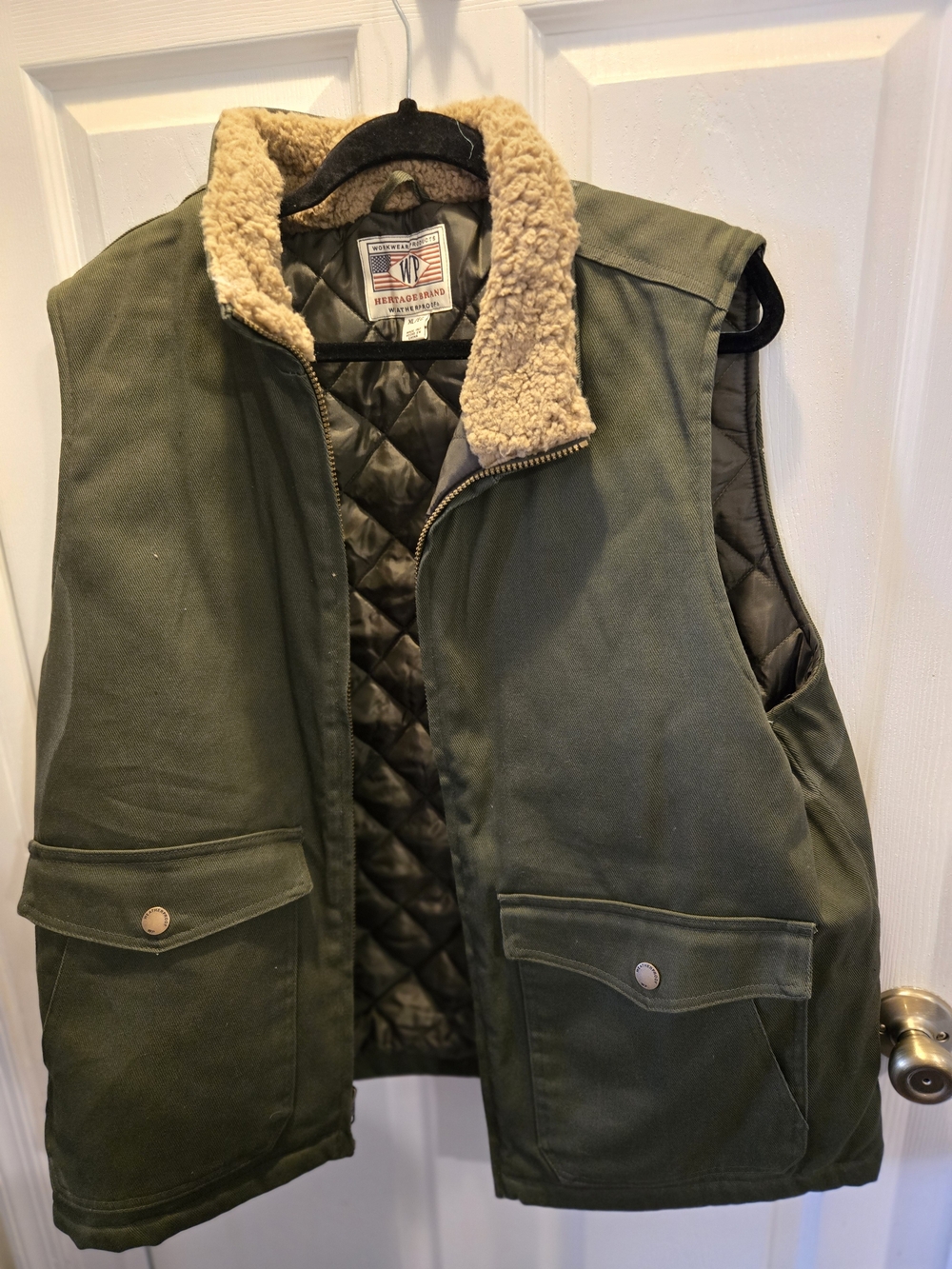 Heritage Olive Green Quilted Vest with Sherpa Collar